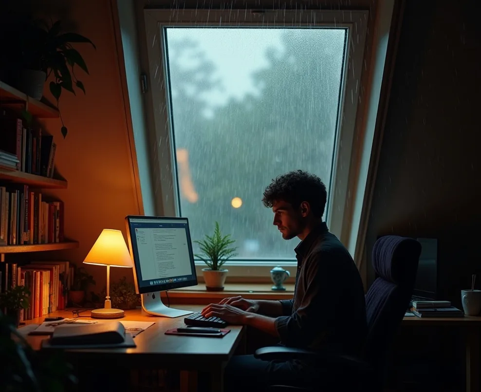 Cozy attic home office during a rainy afternoon